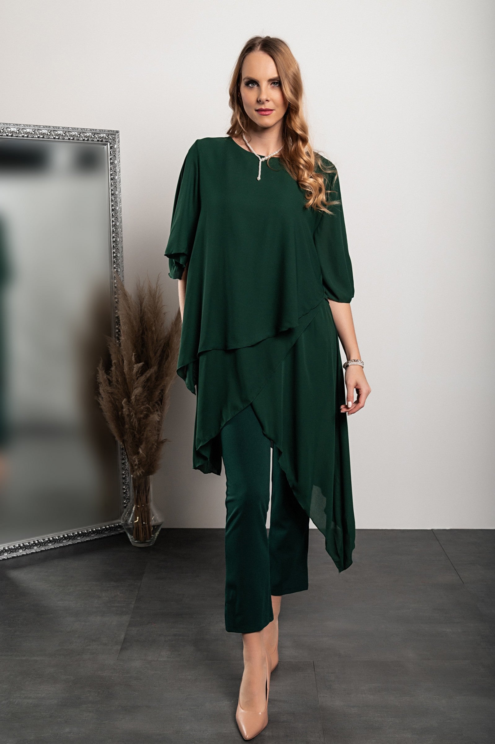 Elegant green translucent tunic and long pants set, showcasing a loose fit and round collar, made from high-quality polyester fabric.