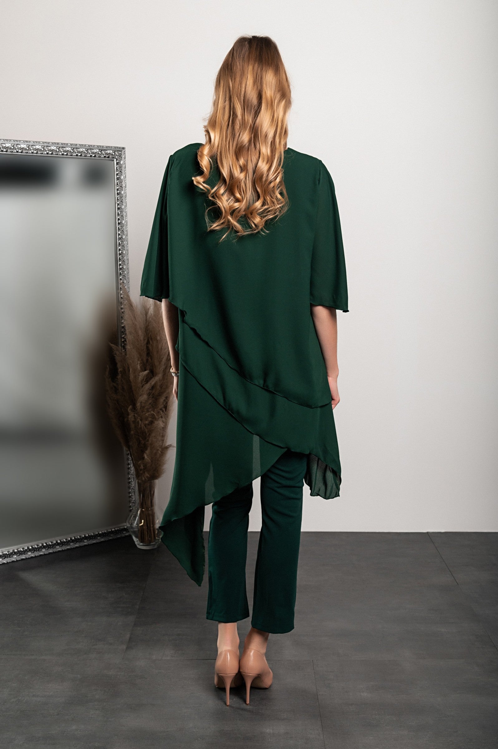 Elegant green translucent tunic and long pants set, showcasing a loose fit and round collar, made from high-quality polyester fabric.