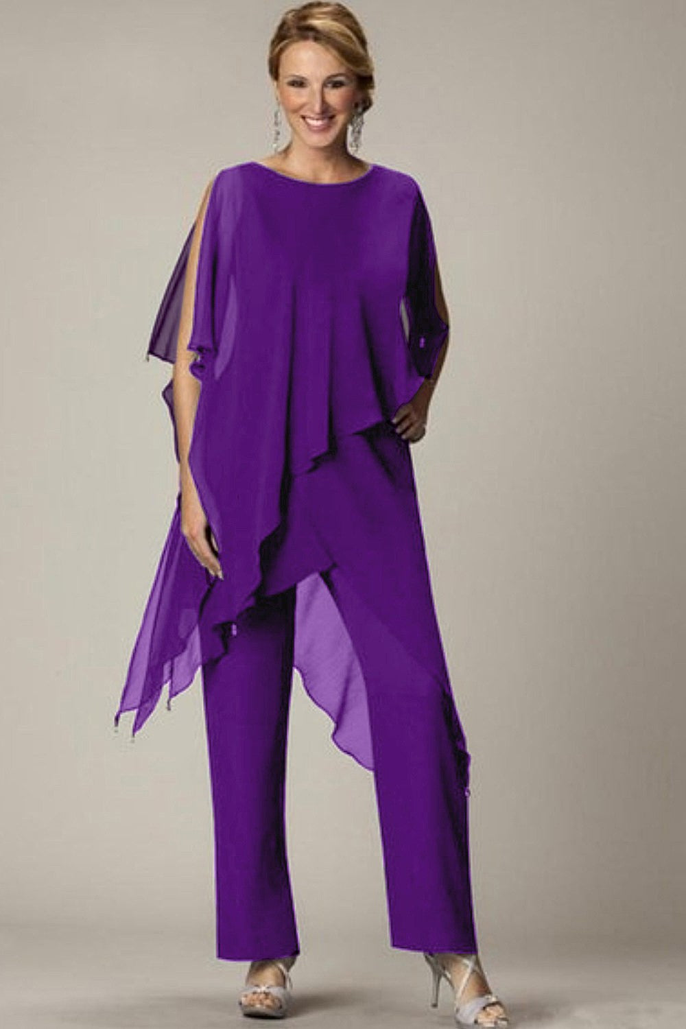 Elegant purple tunic and long pants set, showcasing sheer fabric and a loose fit, perfect for casual or formal occasions.