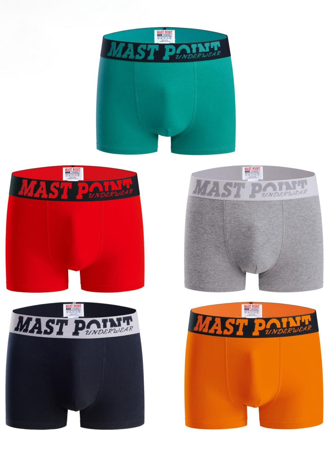 Set of five men's cotton boxers in black, orange, gray, green, and red colors, showcasing their fitted design and high-quality fabric.