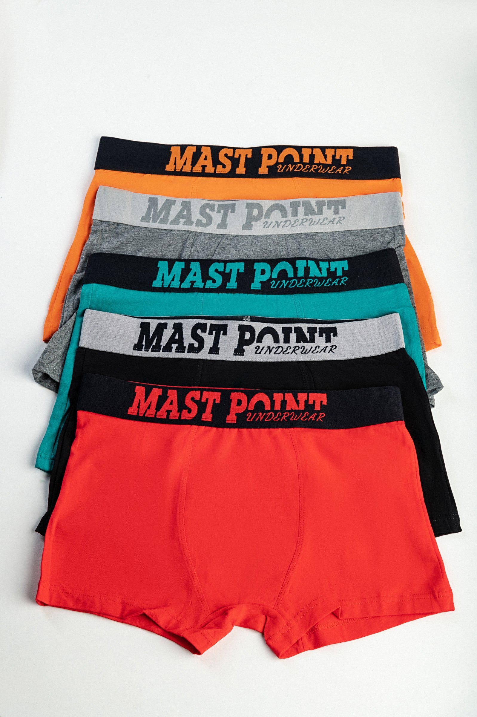 Set of five men's cotton boxers in various colors including black, orange, gray, green, and red, showcasing their comfortable fit and quality material.