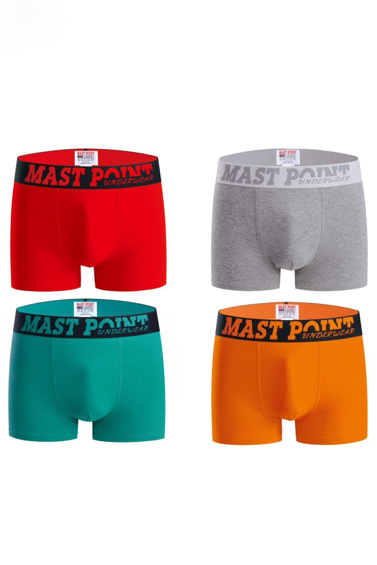 Set of four men's cotton boxers in orange, grey, green, and red, showcasing their vibrant colors and fitted design.