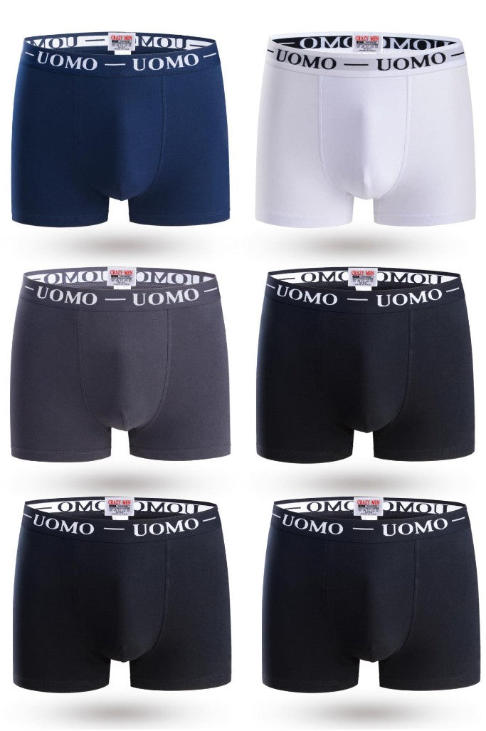 Set of six men's cotton boxers in multicolour, featuring black, dark blue, gray, and white colors.