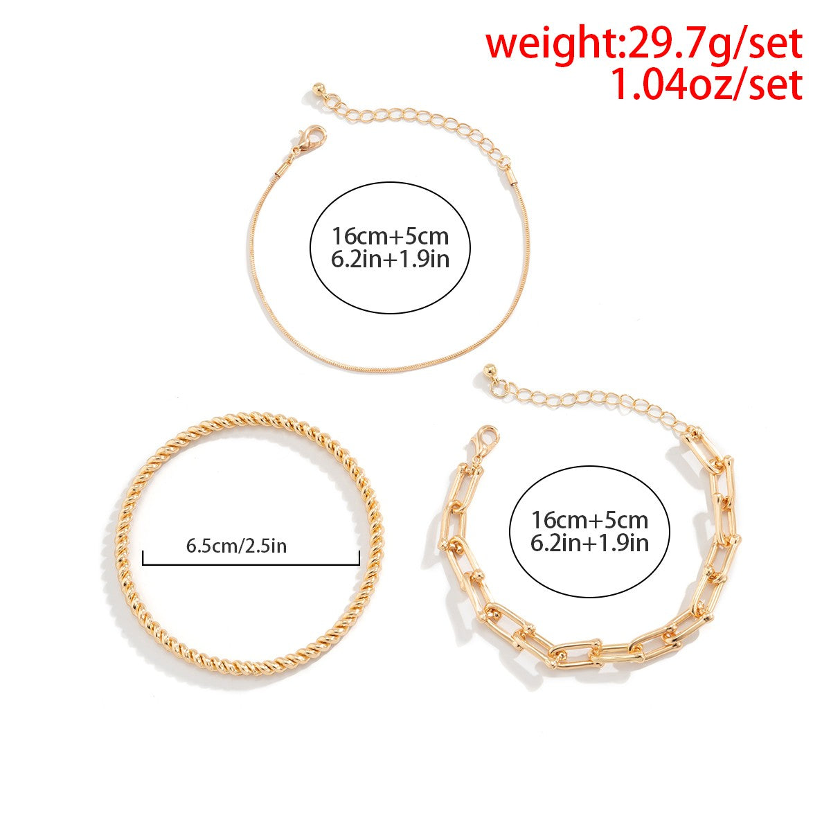 Set of three elegant gold bracelets in various shapes and sizes, showcasing unique motifs and a luxurious finish.