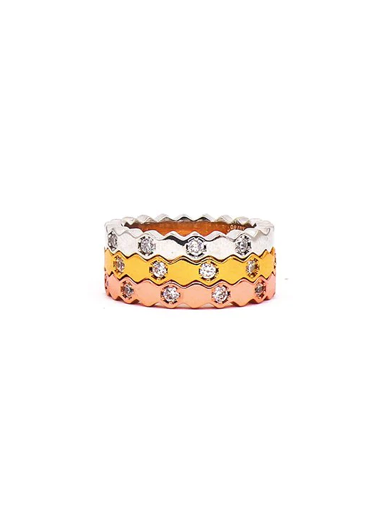 Set of three elegant rings with imitation diamonds in various colors, crafted from brass.