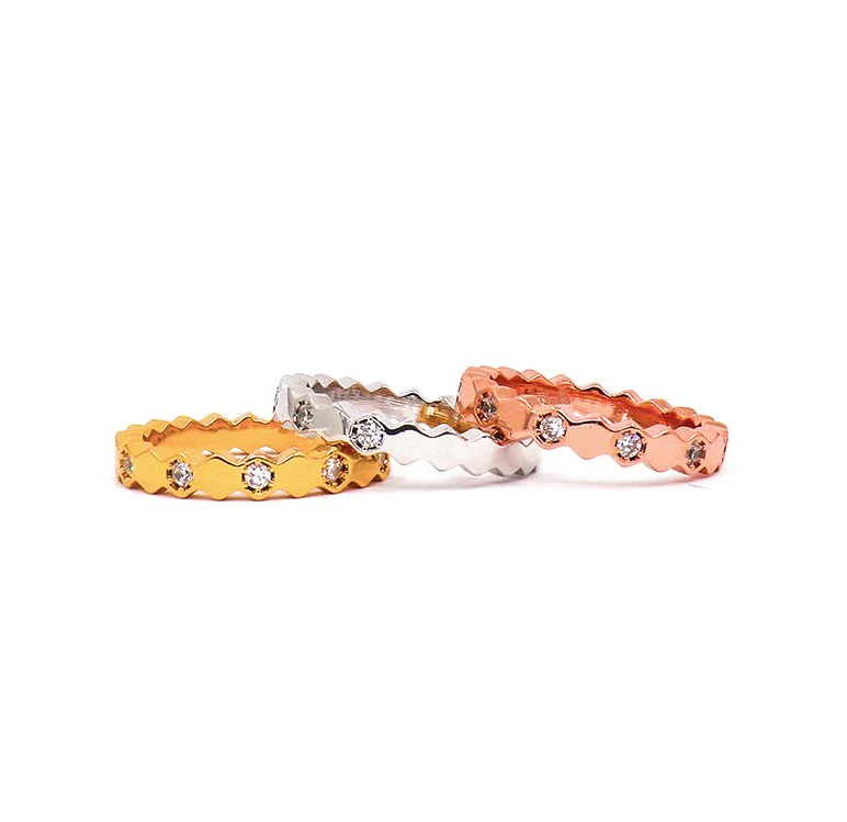 Set of three elegant rings with imitation diamonds in various colors, crafted from brass.