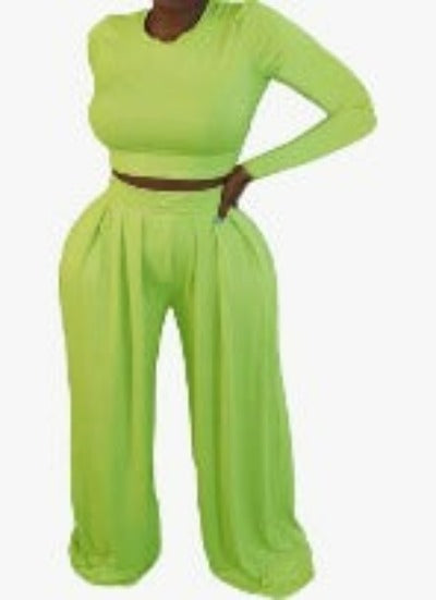 A stylish two-piece outfit featuring a round neck long sleeve crop top and high waist wide leg palazzo pants in a solid color.