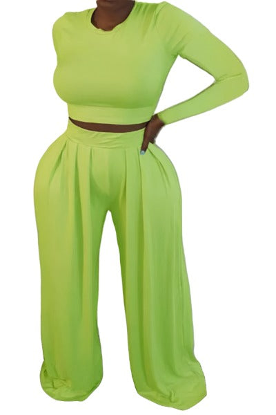 A stylish two-piece outfit featuring a round neck long sleeve crop top and high waist wide leg palazzo pants in a solid color.