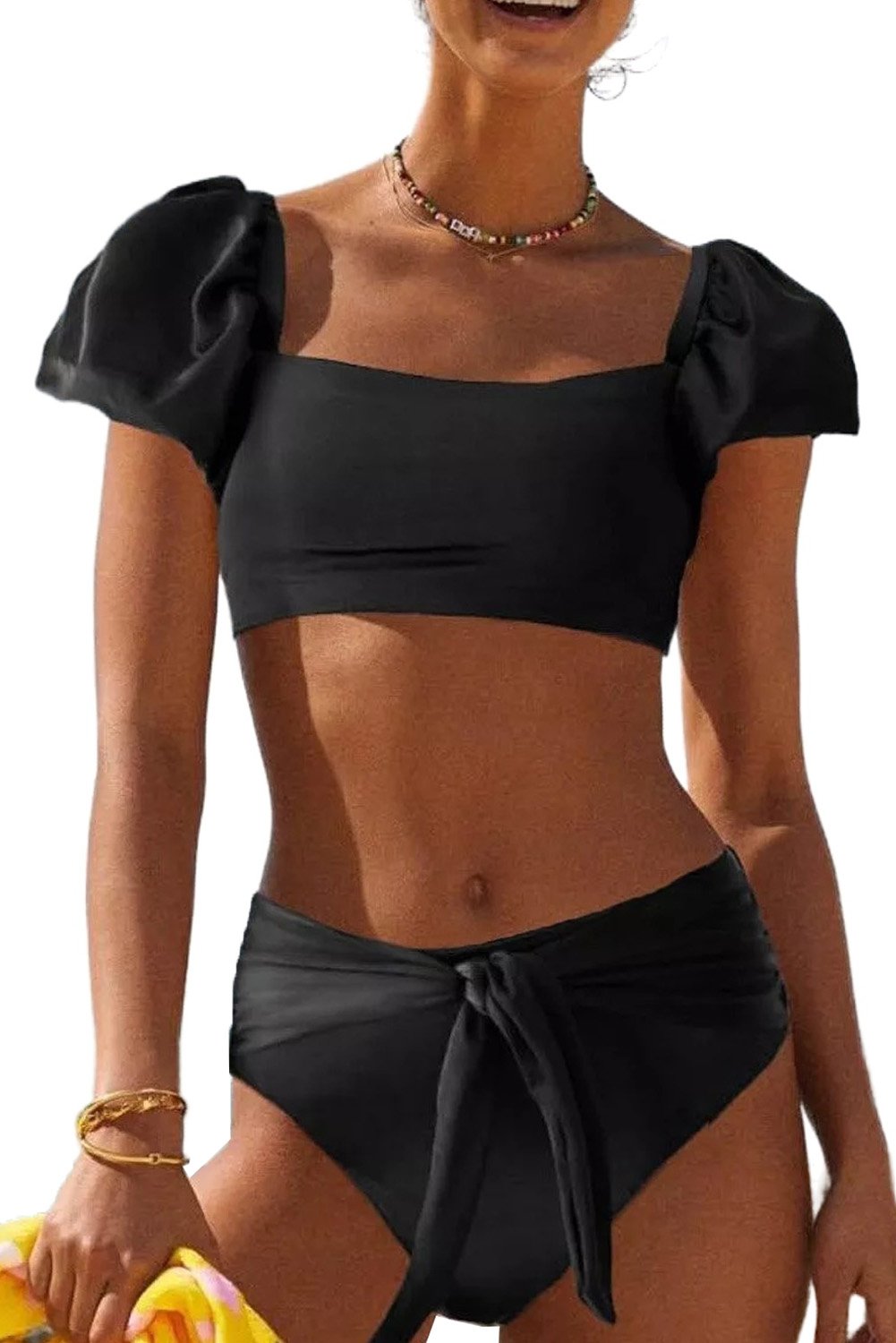 A stylish Sexy Bubble Sleeves High Waist Bikini featuring elegant puff sleeves, a U-shaped backless design, and a flattering high waist panty, perfect for beach vacations.