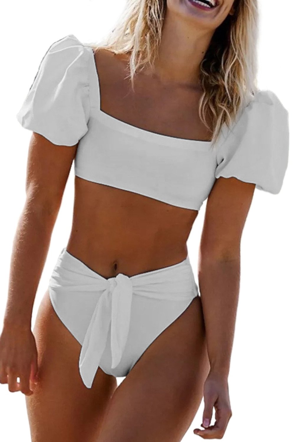 A stylish Sexy Bubble Sleeves High Waist Bikini featuring elegant puff sleeves, a U-shaped backless design, and a flattering high waist panty, perfect for beach vacations.