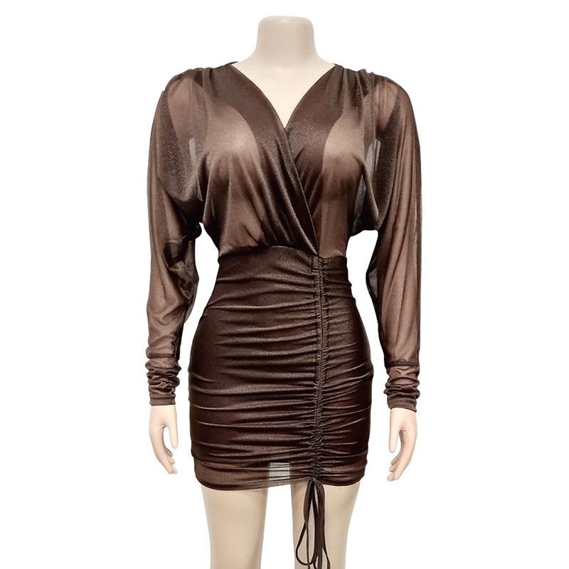 A stylish sexy v-neck pleated transparent dress for women featuring lantern sleeves, perfect for clubbing and spring outings.