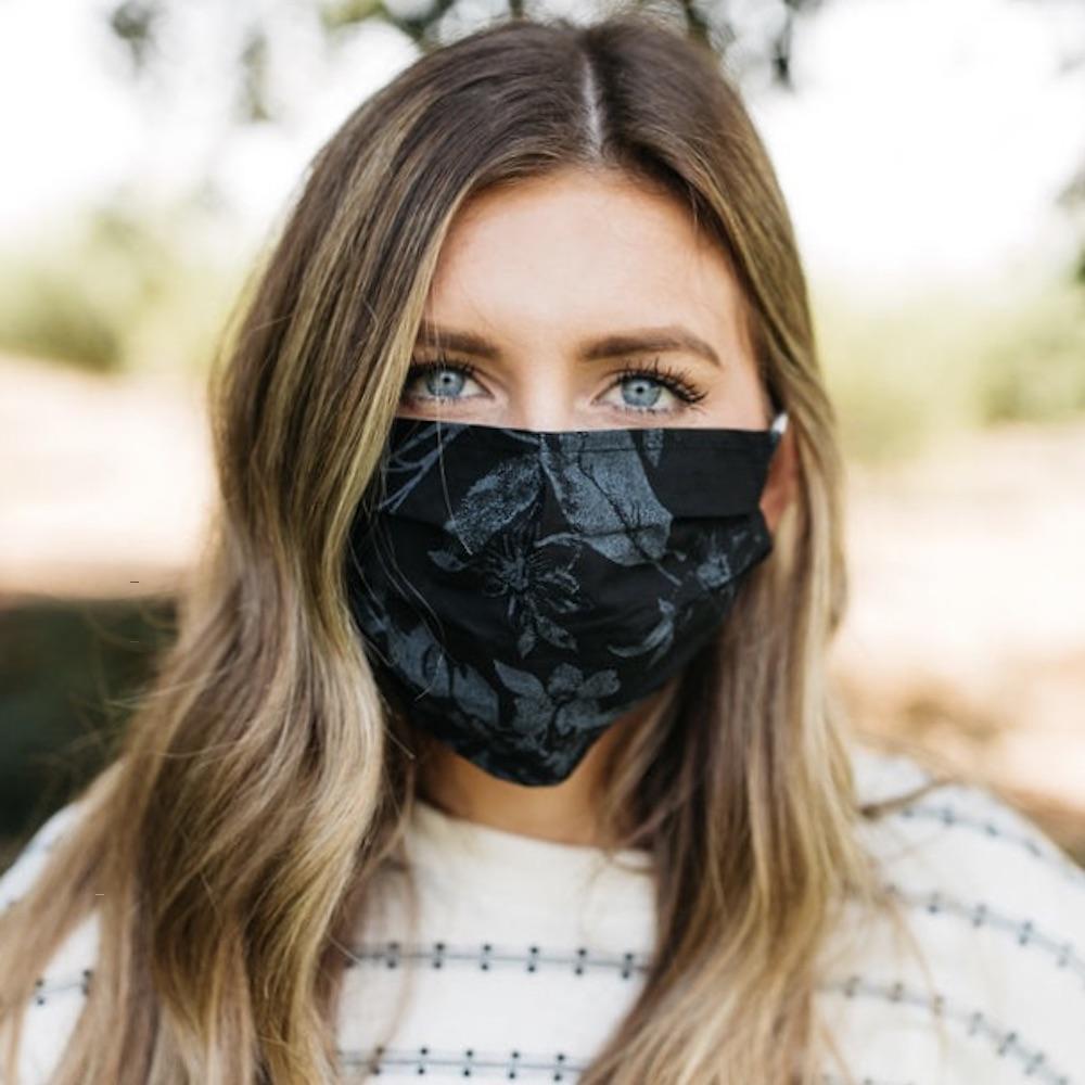 Shadow Floral Face Mask made of breathable cotton with floral design, featuring pleats for comfort and a pocket for filter insertion.