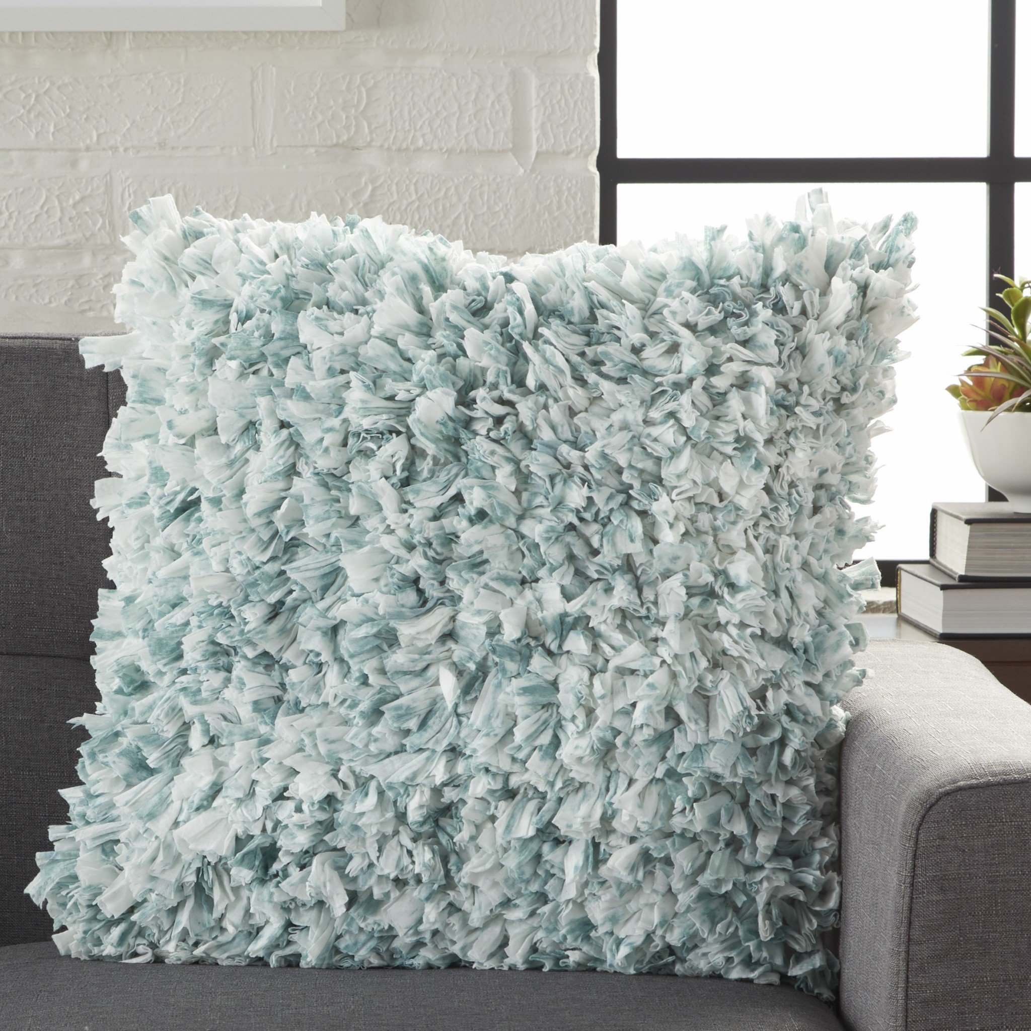 Shaggy Chic Teal and Ivory Throw Pillow with textured design, perfect for modern home decor.