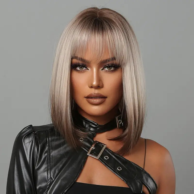 The Shane Wig featuring a 14-inch short bob cut with straight bangs, made from high-grade synthetic fiber, showcasing a natural look.