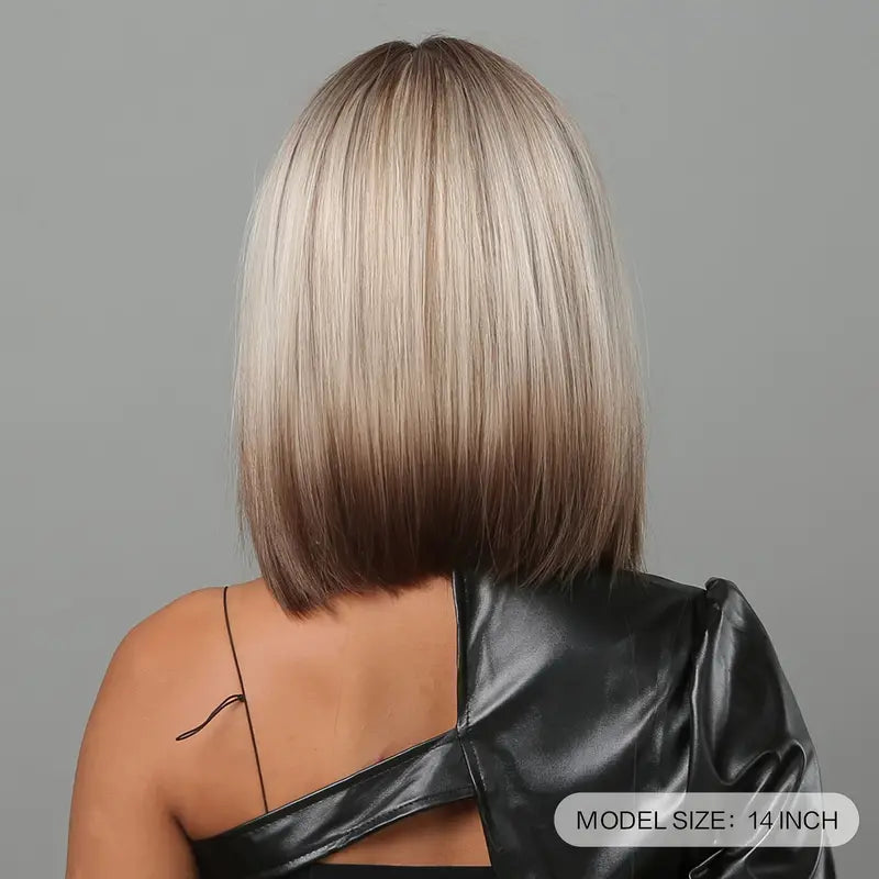 The Shane Wig featuring a 14-inch short bob cut with straight bangs, made from high-grade synthetic fiber, showcasing a natural look.