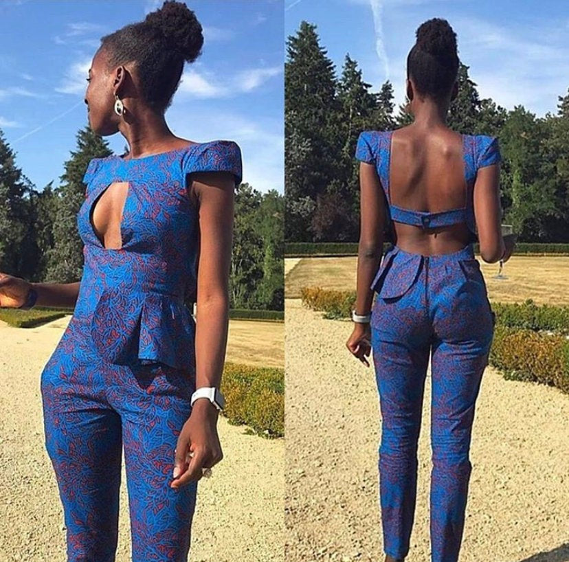 Shania Ankara wax jumpsuit featuring vibrant patterns and a stylish design, perfect for any event.