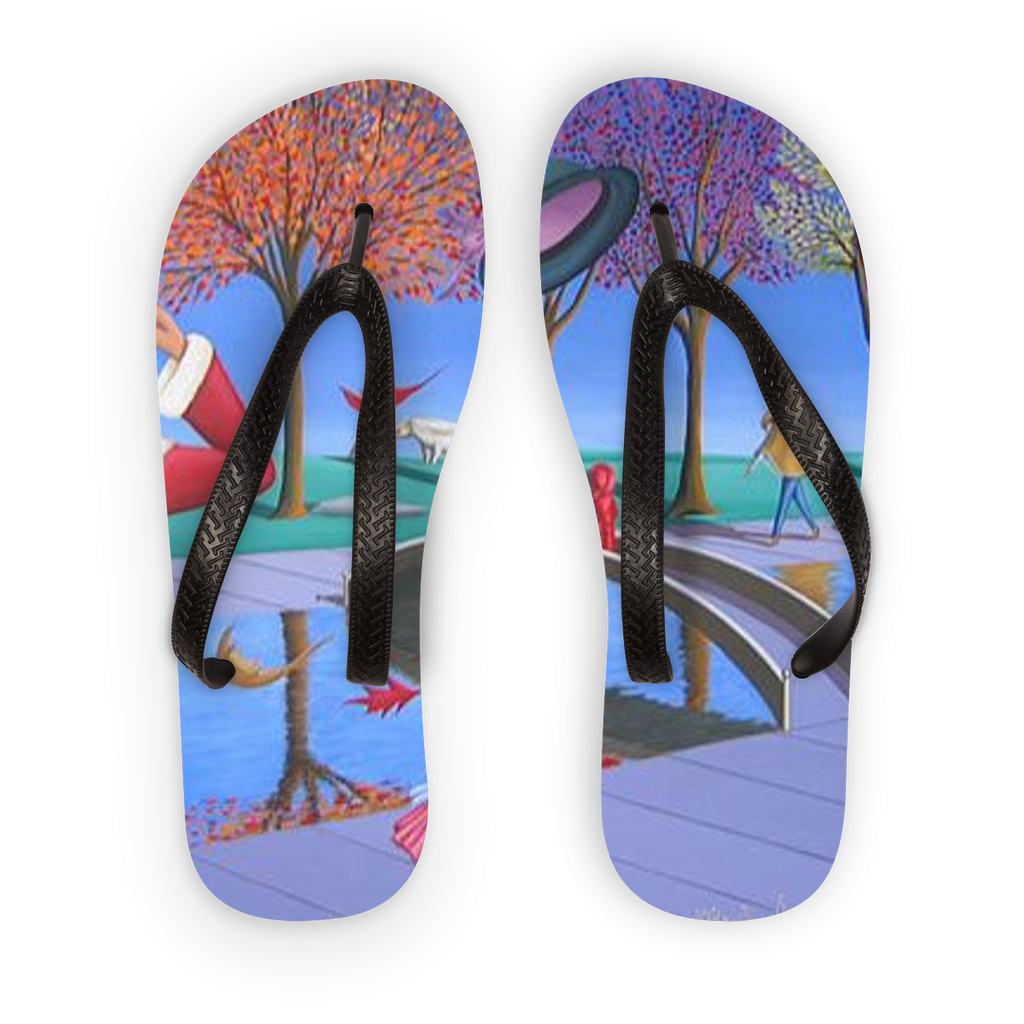 Sharon Tatem Fashion Flip Flops featuring printed fabric top and black soles, perfect for casual summer outings.