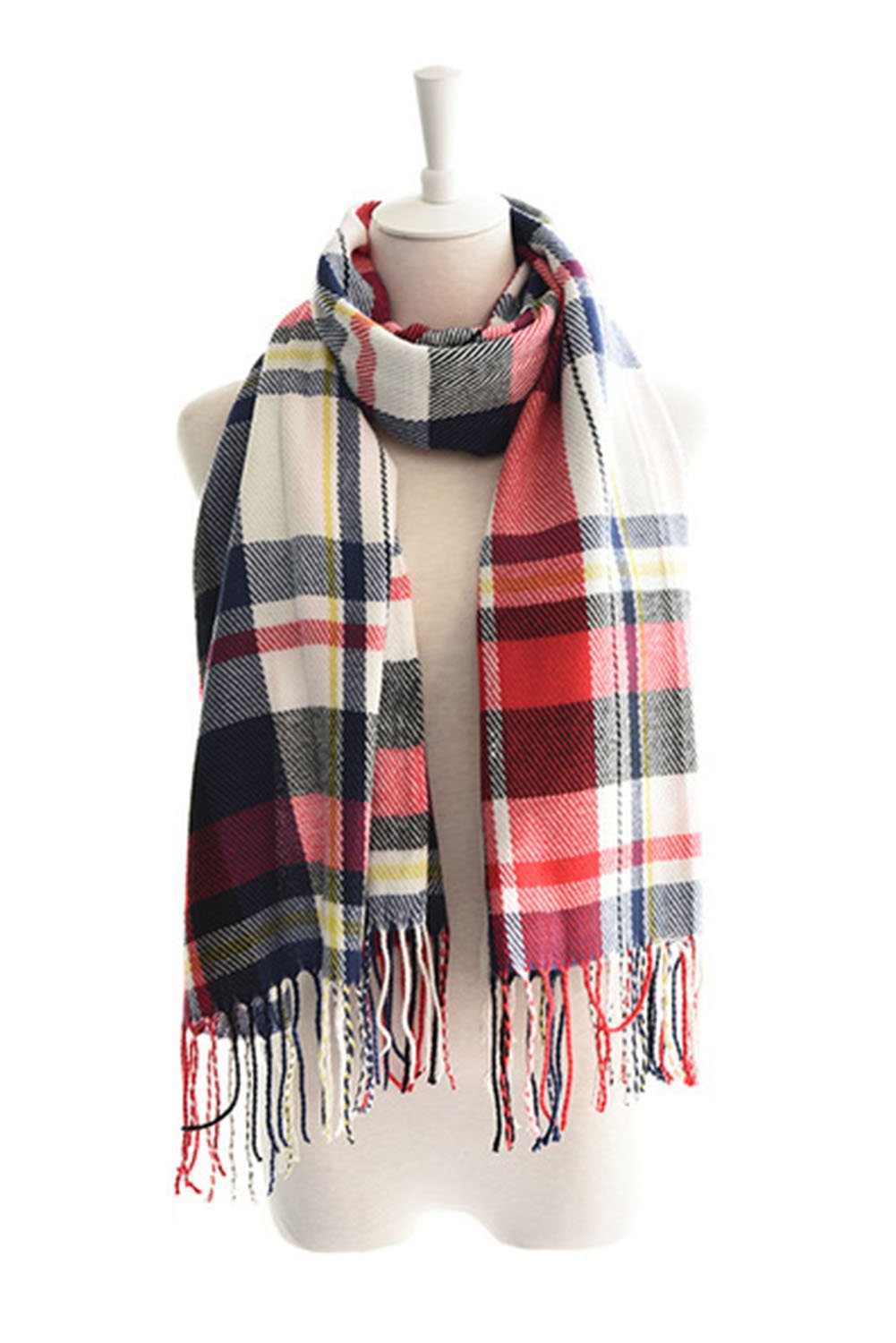 A cozy Shawl Plaid Tassel Comfortable Scarf featuring a multi-color plaid design with fringed tassels, perfect for stylish warmth.