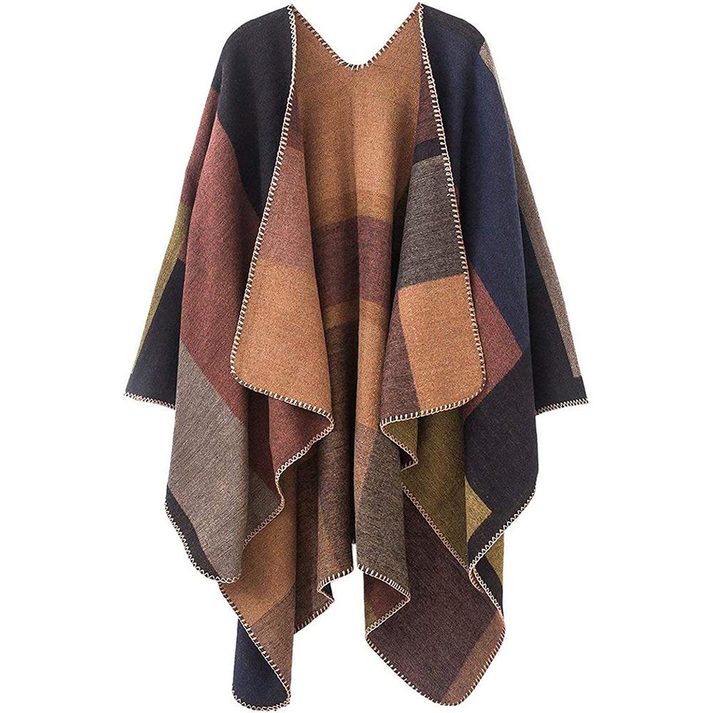 A stylish Shawl Wraps Sweater Poncho Cape Coat in khaki, showcasing its reversible design and elegant tassel details, perfect for winter wear.