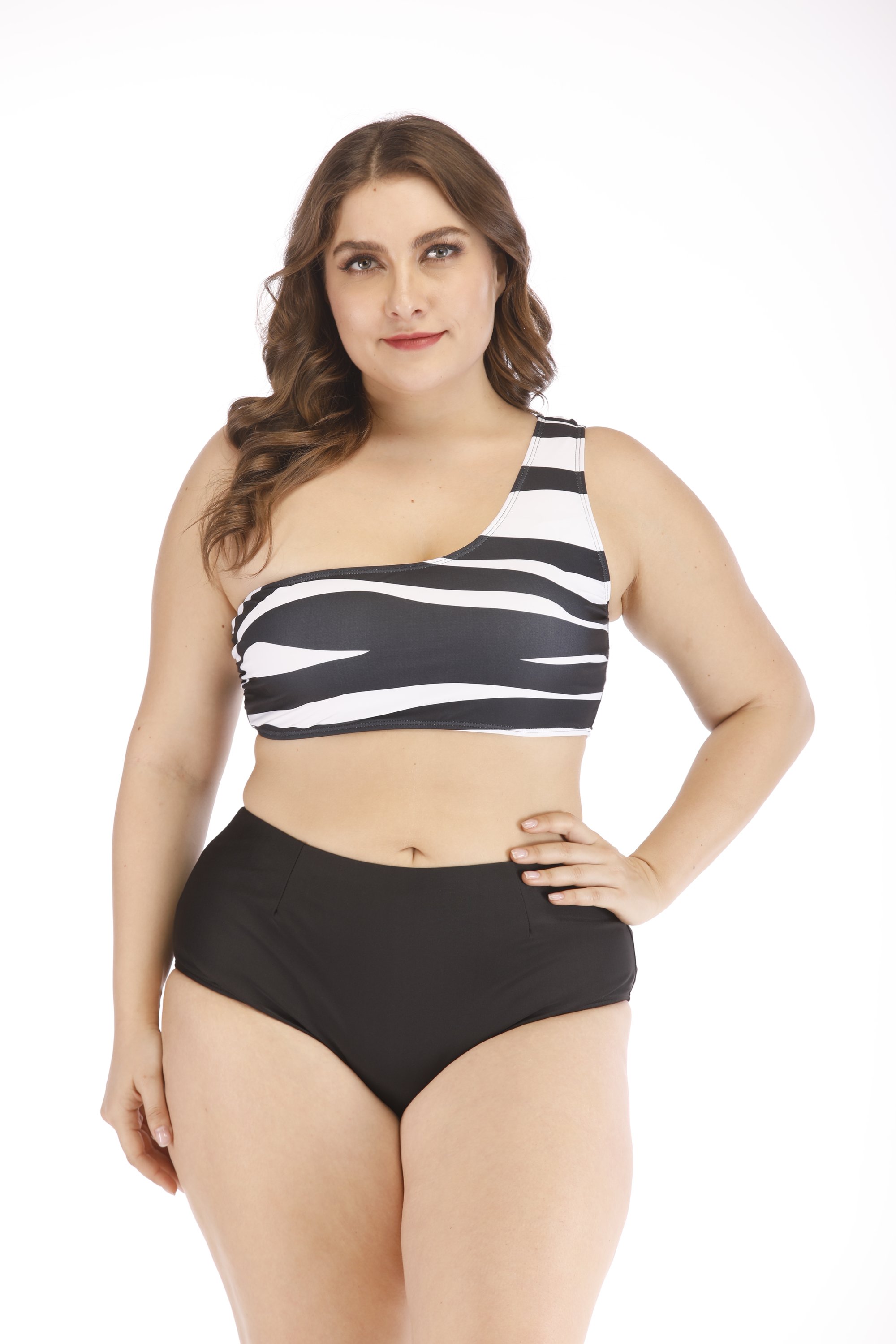 SHEINA one shoulder swimwear set featuring a high-waisted bottom and rib cage back top, made from 100% lycra with unique prints.