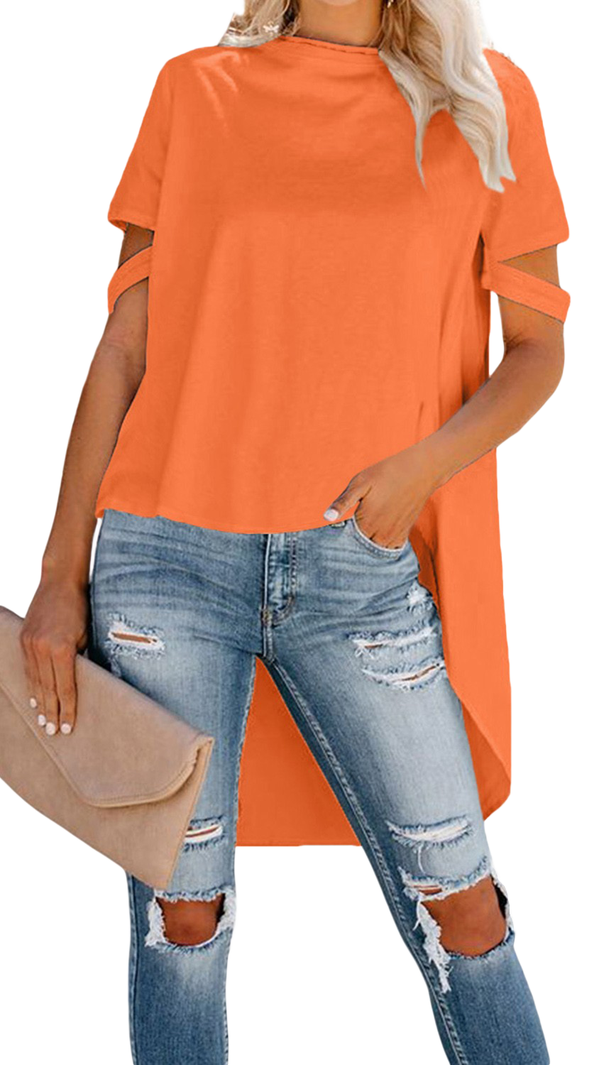 Elegant orange SHIRT VEBTURA with round collar and short sleeves, featuring an asymmetric length design.