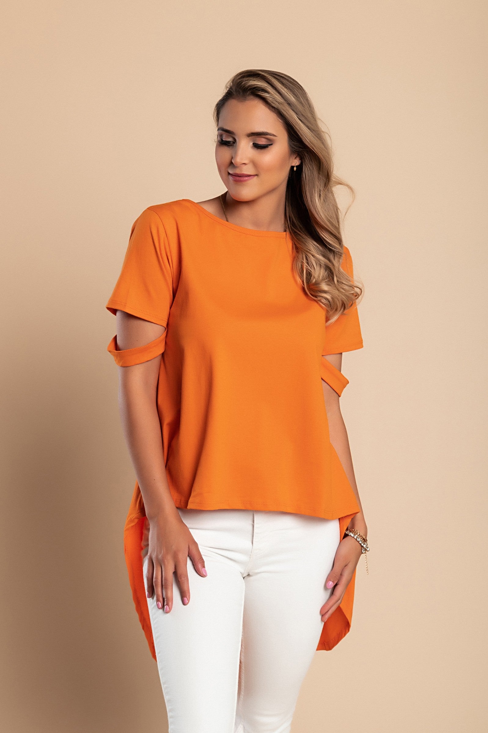 Elegant orange SHIRT VEBTURA with round collar and short sleeves, featuring an asymmetric length design.