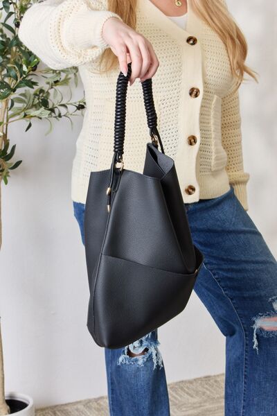 SHOMICO Vegan Leather Handbag with Pouch, featuring a sleek design and braided top handle, perfect for everyday use.