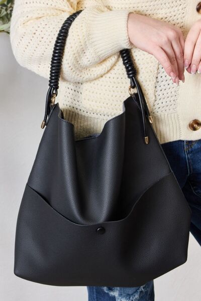 SHOMICO Vegan Leather Handbag with Pouch, featuring a sleek design and braided top handle, perfect for everyday use.