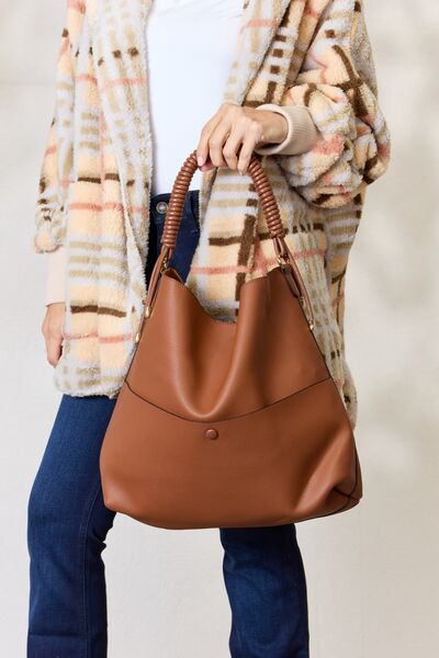 SHOMICO Vegan Leather Handbag with Pouch, featuring a sleek design and braided top handle, perfect for everyday use.