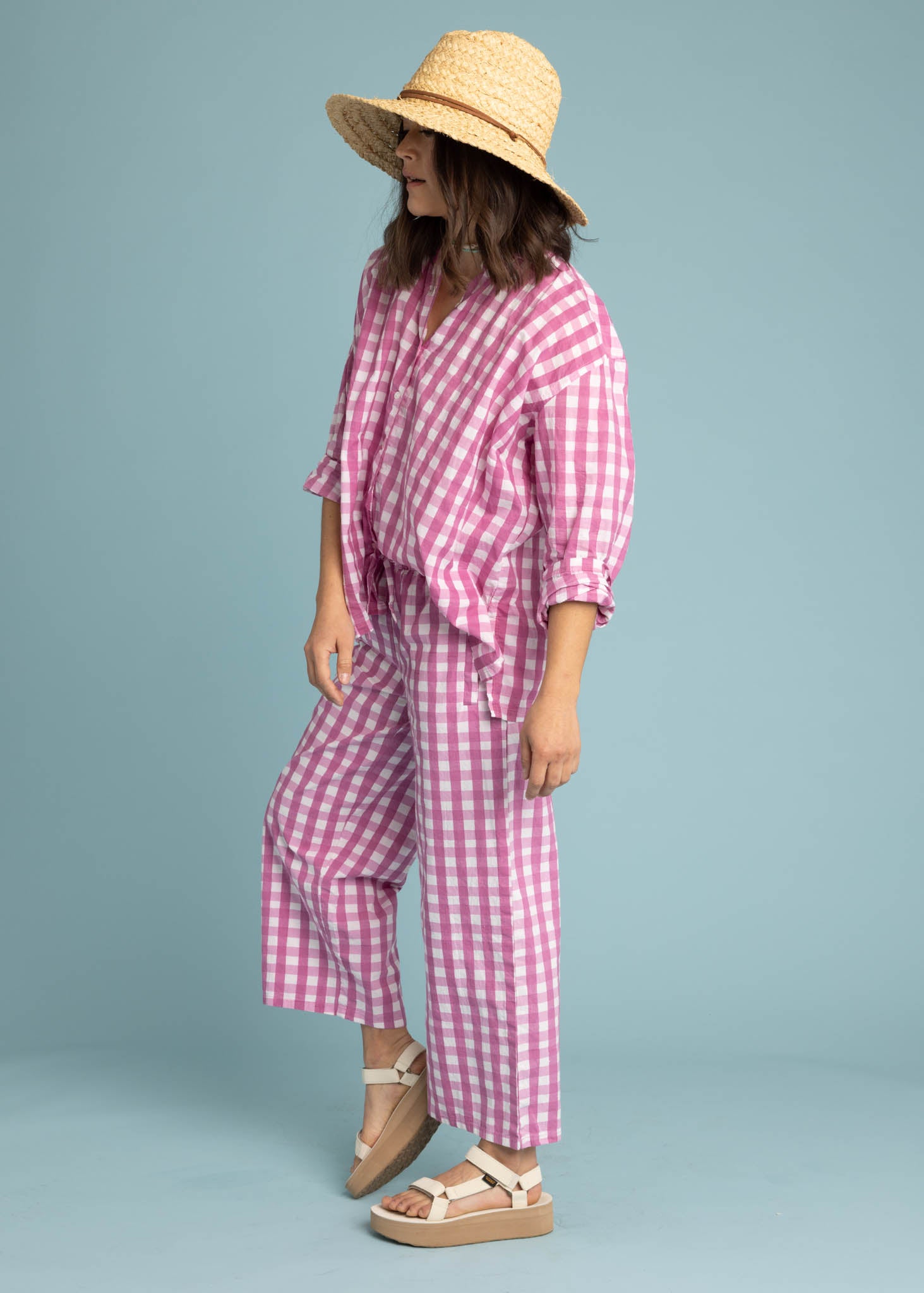 Shore Pant in Gingham Picnic Dahlia featuring a modern cropped length and relaxed fit, made from organic cotton.