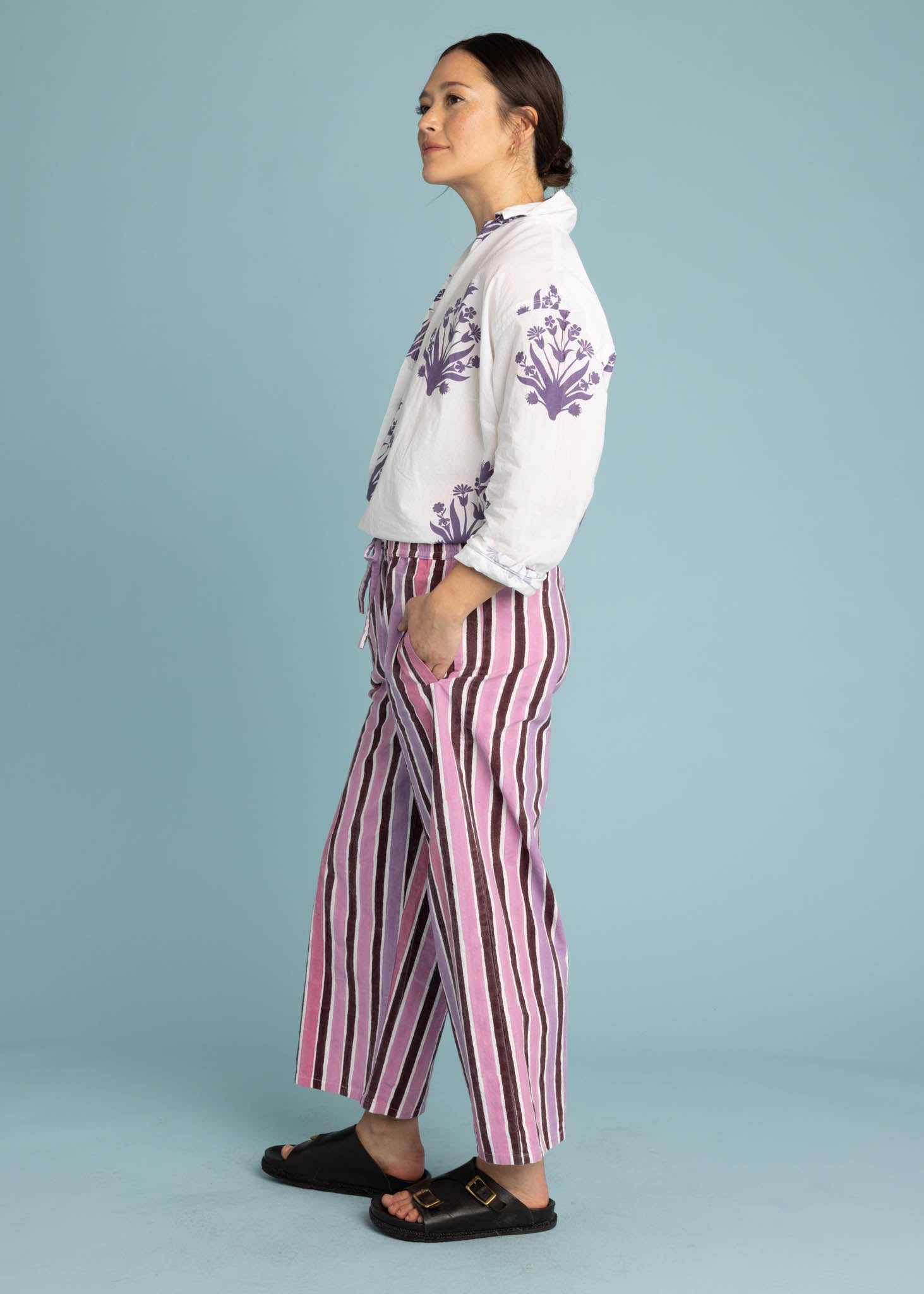 Shore Pant in Wallpaper Stripe Dahlia featuring a modern cropped length and relaxed fit, made from organic cotton.