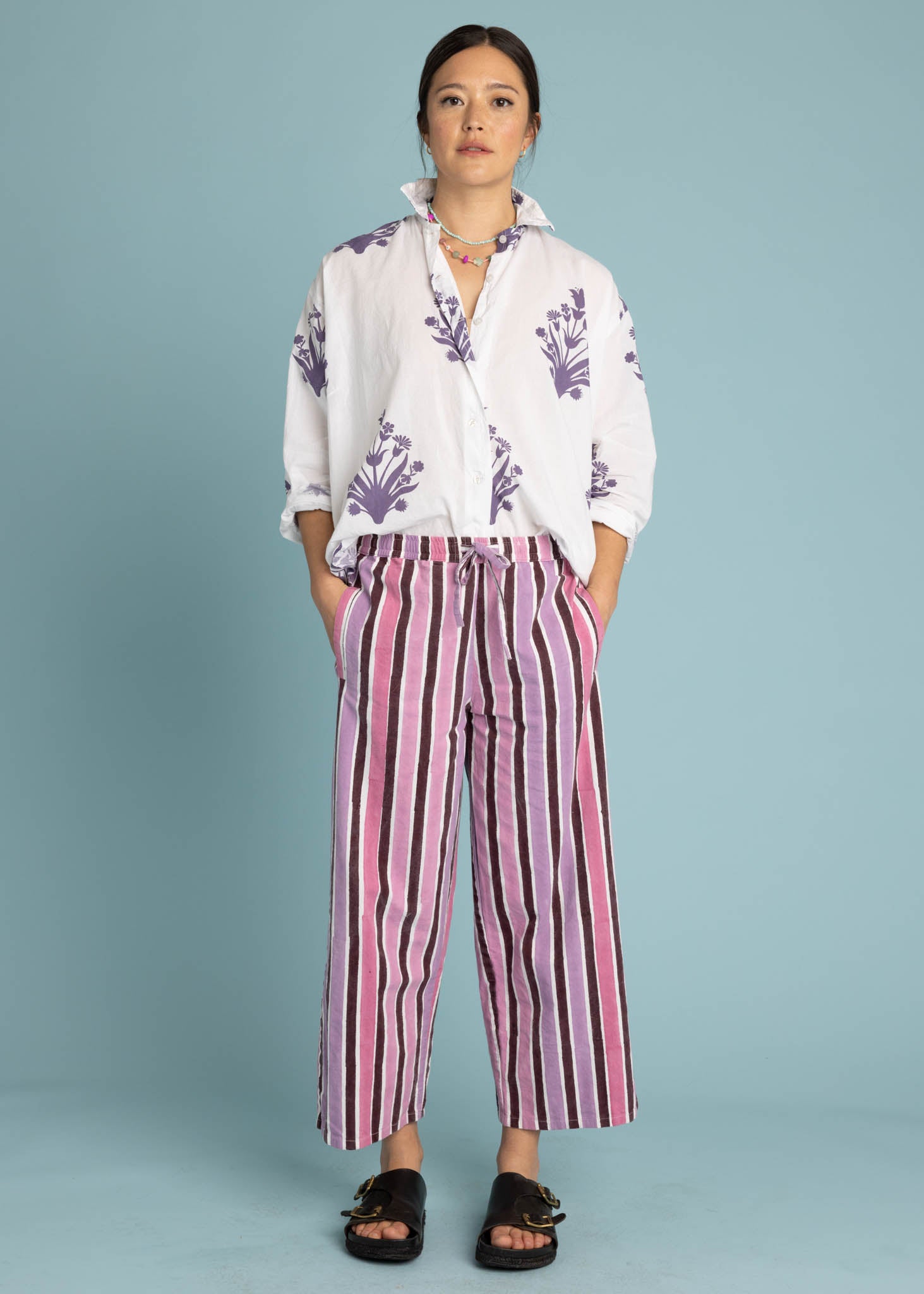 Shore Pant in Wallpaper Stripe Dahlia featuring a modern cropped length and relaxed fit, made from organic cotton.