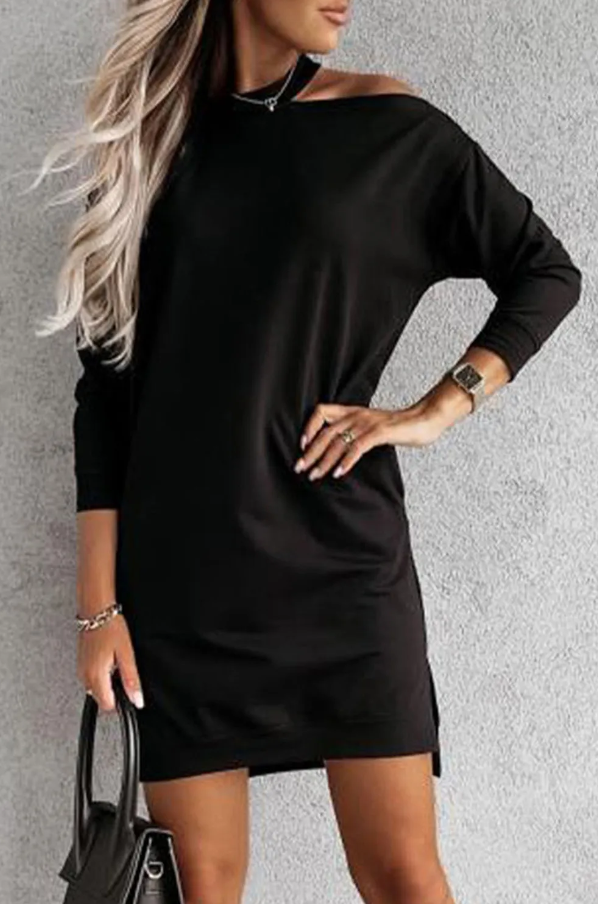 A stylish black mini dress featuring a shoulder opening, round neckline, and long sleeves, perfect for various occasions.