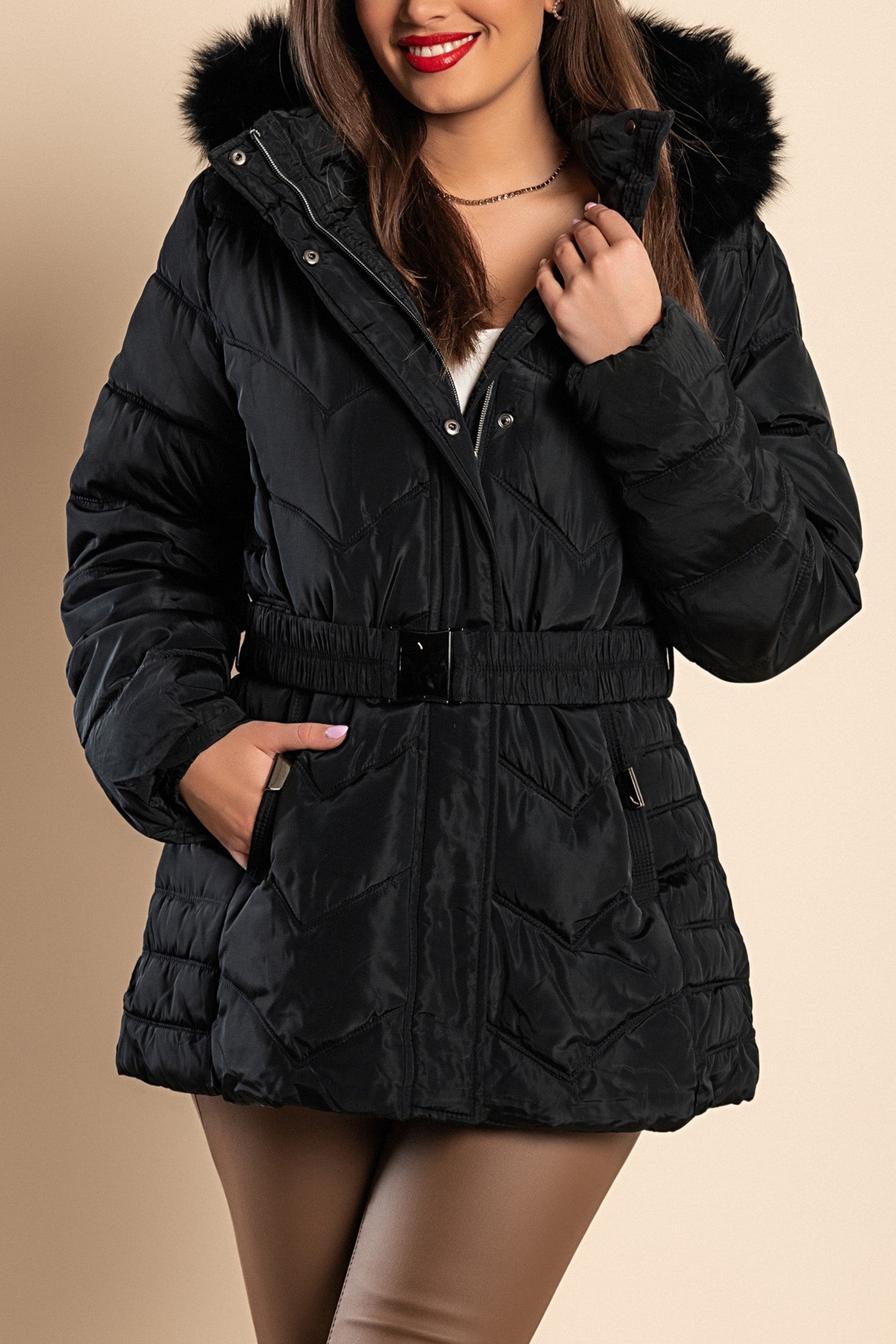 A stylish plus size black padded jacket with a hood and synthetic fur, featuring a high collar, zip closure, and side pockets.