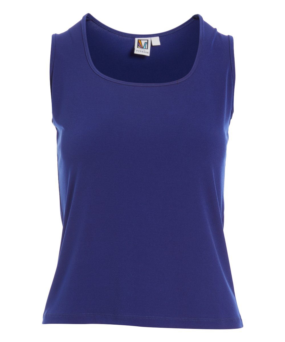 A stylish short tank top with a soft-scooped neckline and wider shoulder straps, perfect for layering under jackets.