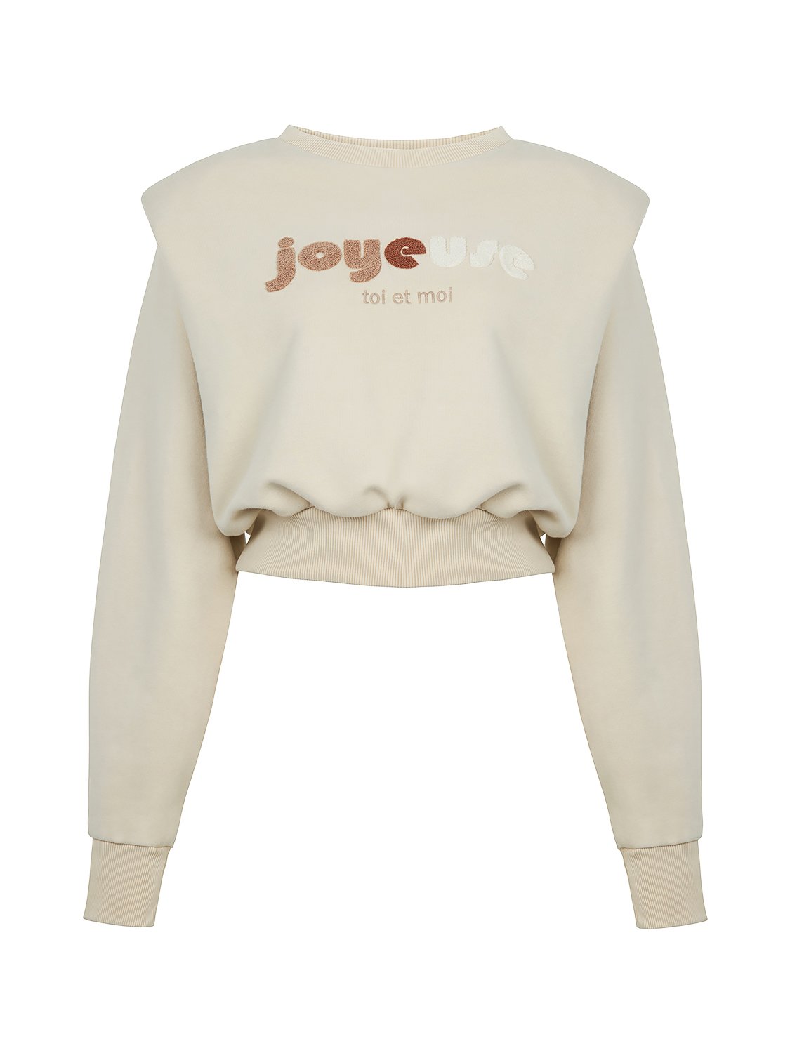 A stylish shoulder pad embroidered sweatshirt featuring a scoop neck, long sleeves, and intricate embroidery on the front.