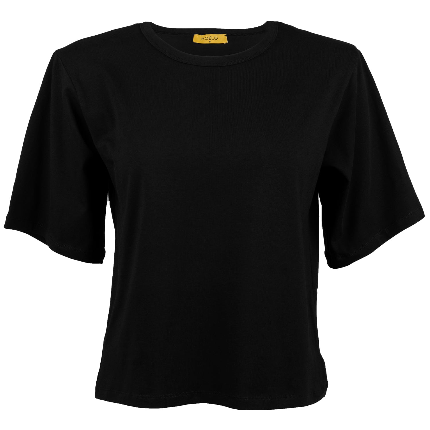 Black Shoulder Pad T-shirt displayed on a model, showcasing its elegant design and comfortable fit.