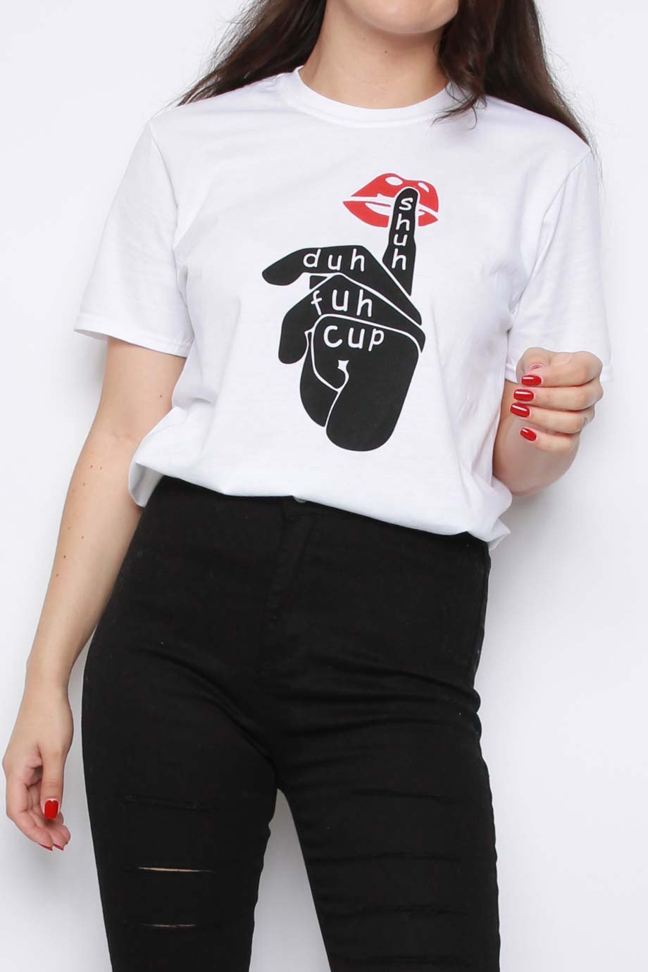 Shuh Duh Fuh Cup Slogan Oversized T-shirt featuring a bold lips and hand print design, made from 100% cotton.