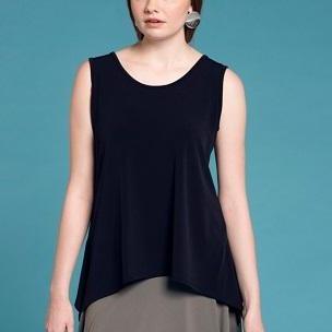 A stylish black tank top with side slits and a scoop neck, made from soft stretch knit jersey, perfect for casual and chic outfits.