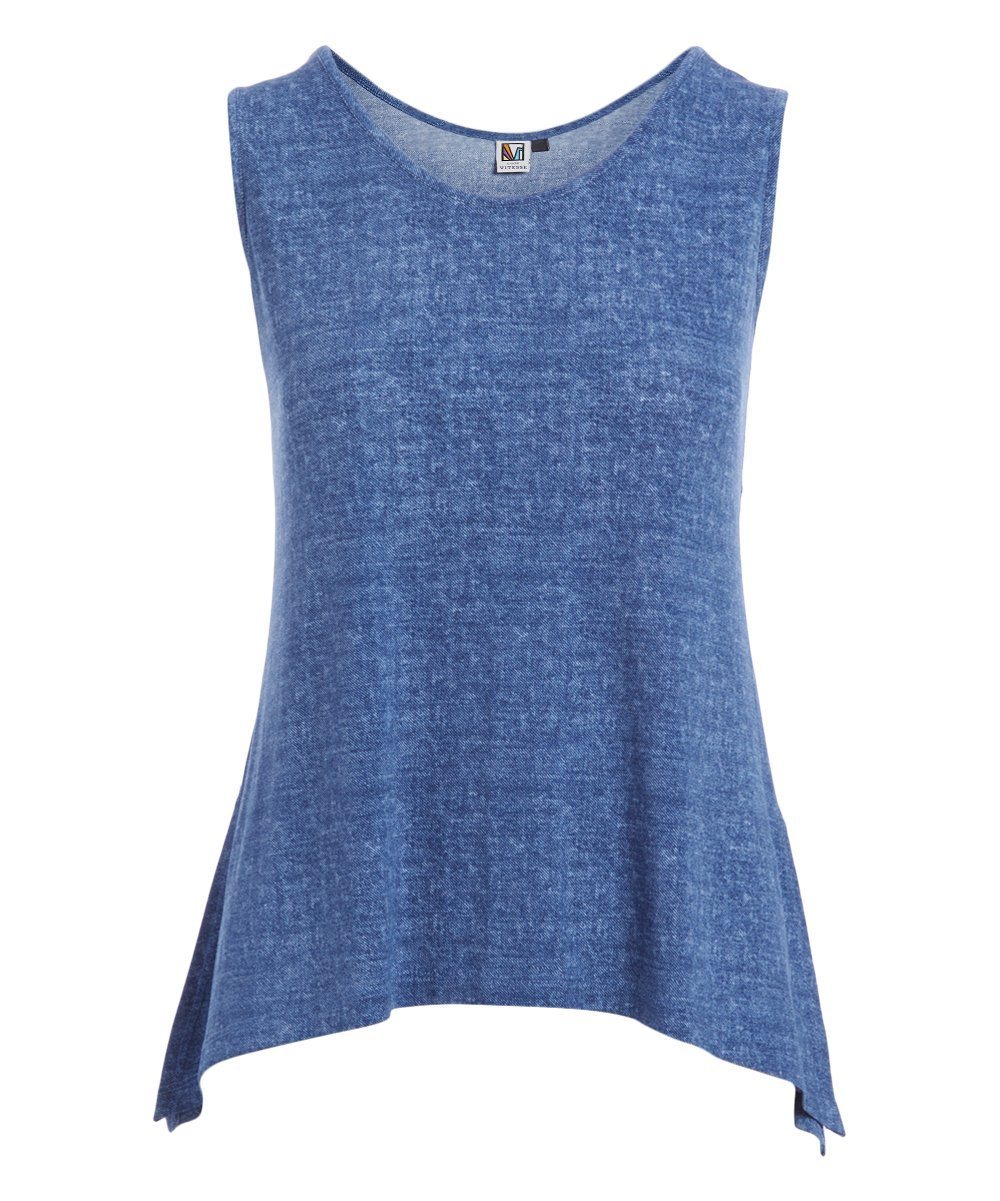 A stylish Side Slit Tank Denim featuring a scoop neck and side slits, made from soft stretch knit jersey, perfect for casual wear.