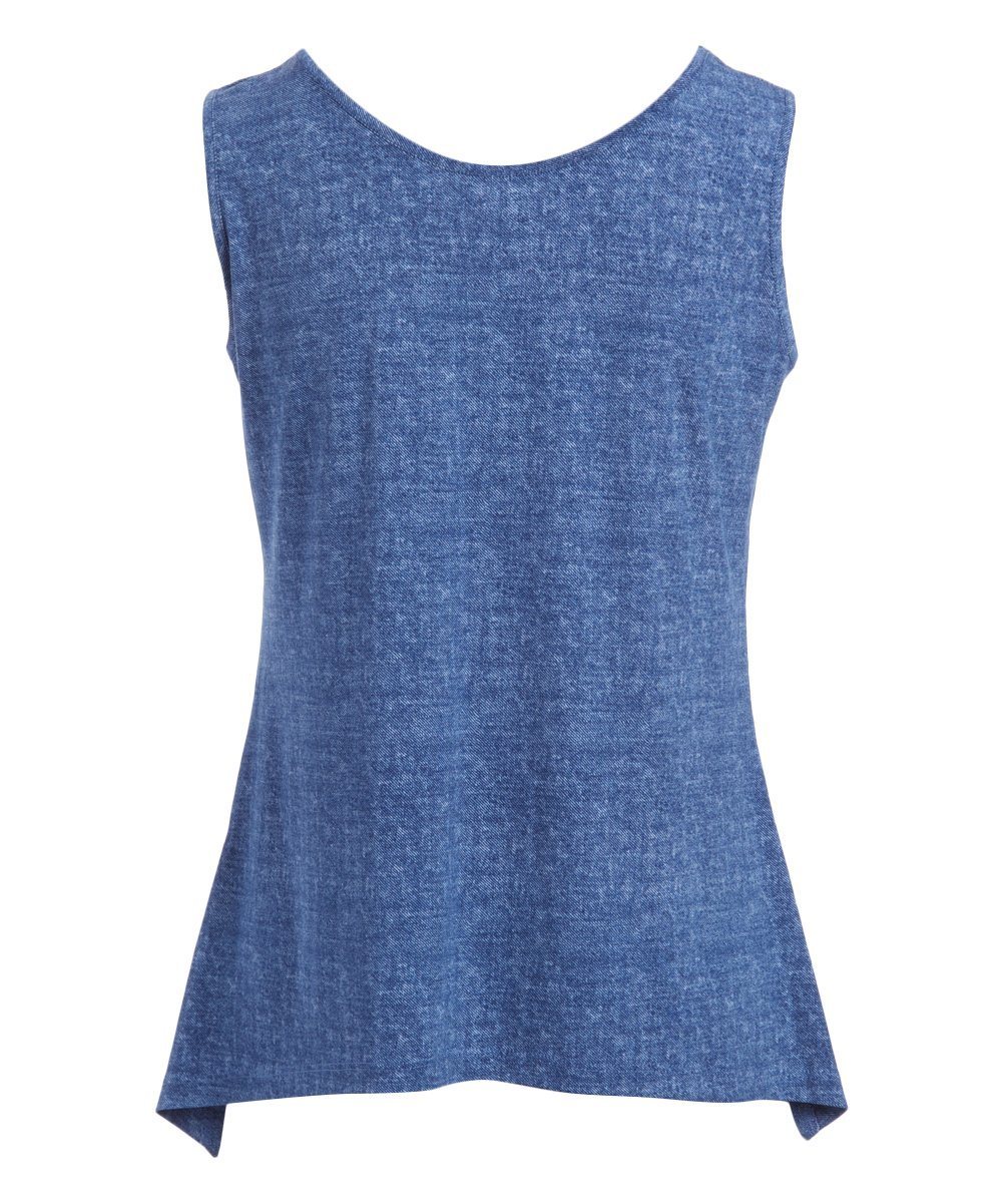 A stylish Side Slit Tank Denim featuring a scoop neck and side slits, made from soft stretch knit jersey, perfect for casual wear.