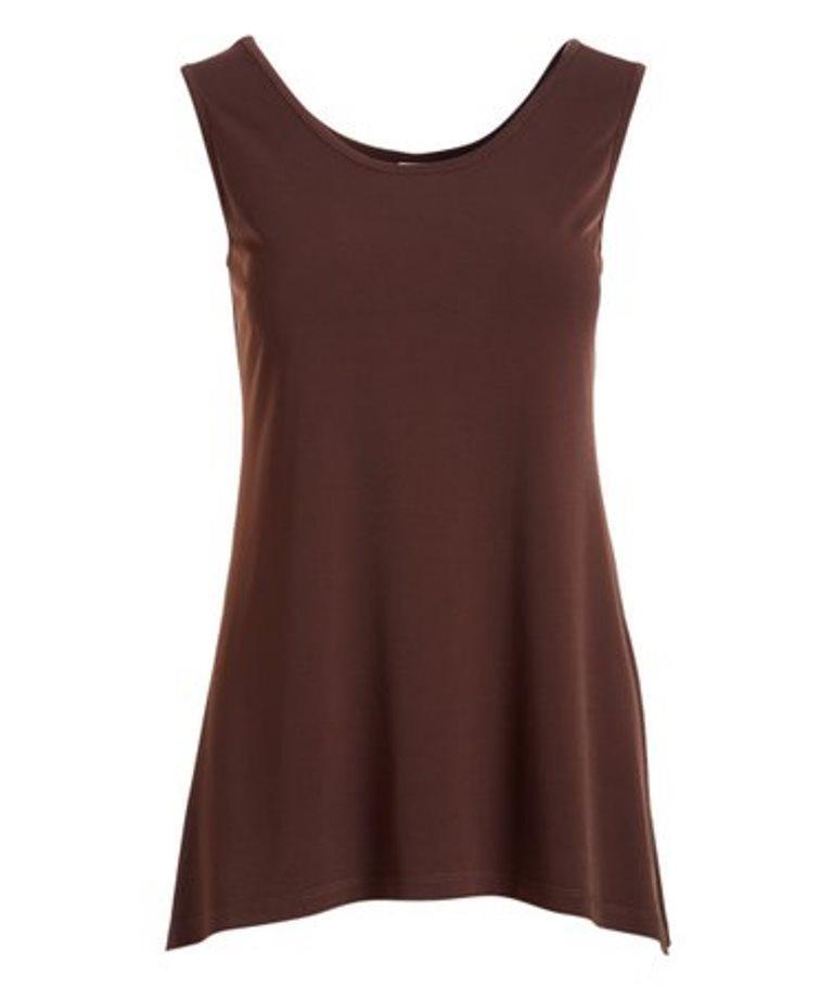 A stylish Side Slit Tank top featuring a scoop neck and side slits, made from soft stretch knit jersey fabric.