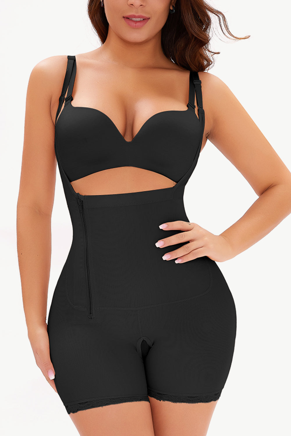 A sleek Side Zipper Under-Bust Shaping Bodysuit in solid color, featuring a side zipper and lace detailing, showcasing its minimalist design.