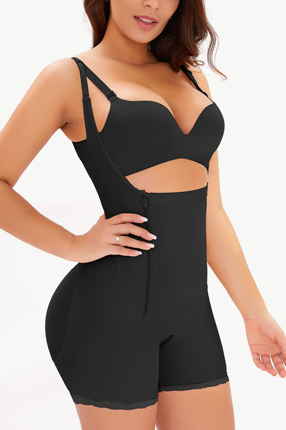 A sleek Side Zipper Under-Bust Shaping Bodysuit in solid color, featuring a side zipper and lace detailing, showcasing its minimalist design.