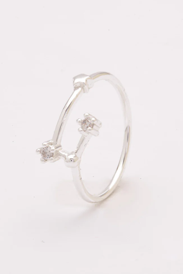 Elegant silver ring featuring decorative diamonds, showcasing a stylish design.