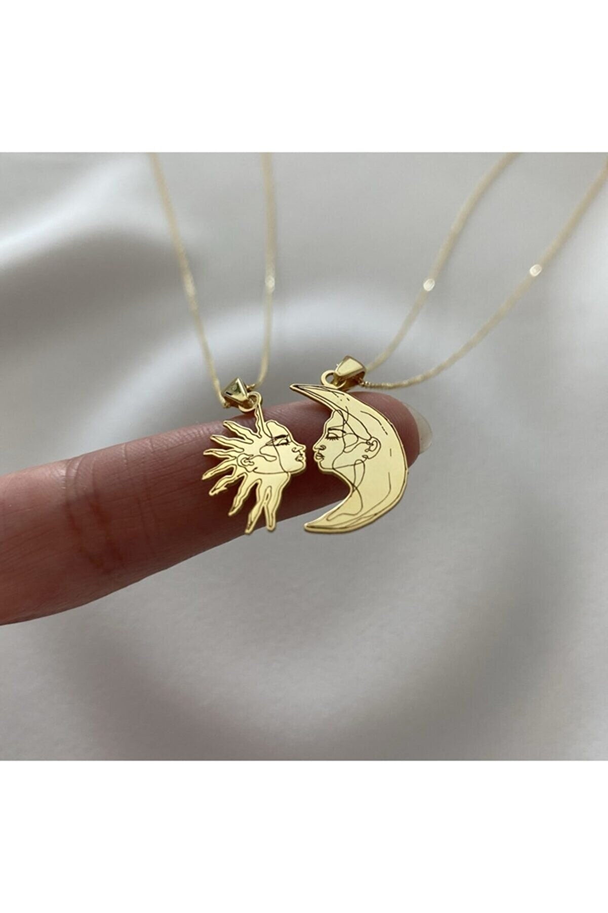 Silver Sun and Moon Couple Necklace set featuring 925 Sterling Silver and 24K gold plating, elegantly designed for couples.