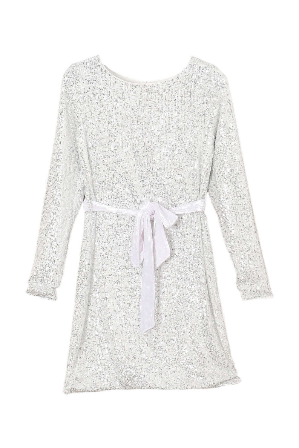 Silvery sequin long sleeve mini dress with tie waist sash, showcasing a boat neckline and elegant design.