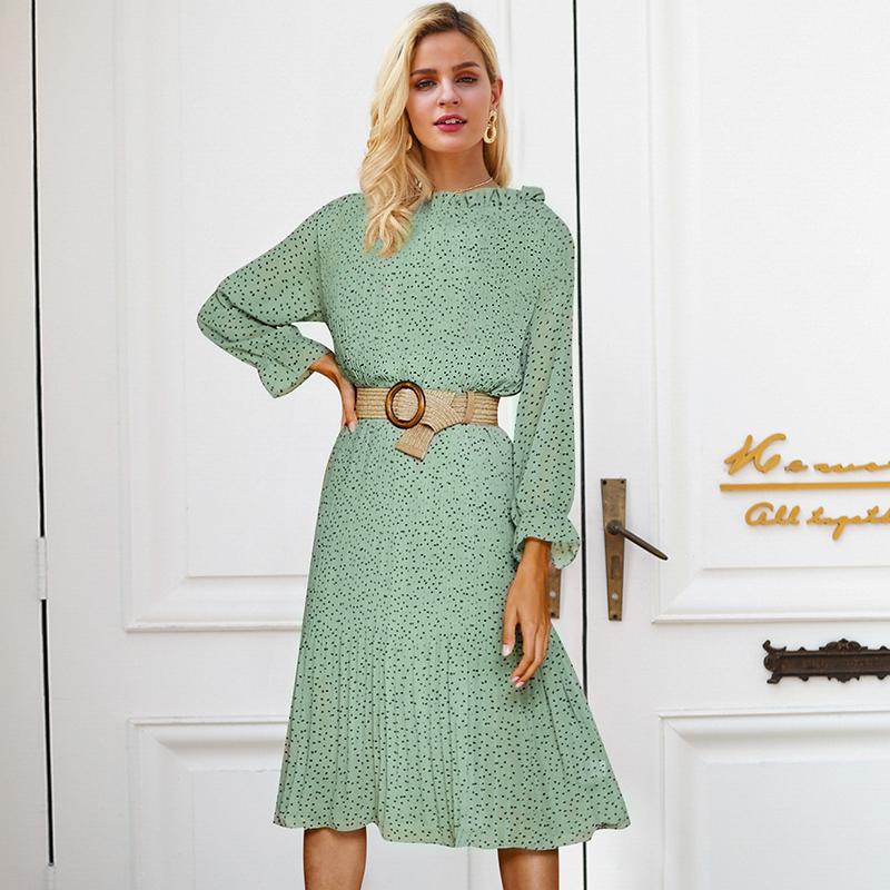 Simplee Bohemian dot print women dress in green with black dots, featuring an elegant sash and pleated design, perfect for autumn occasions.