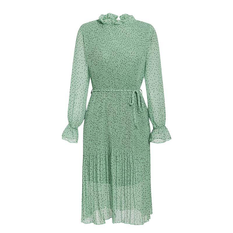 Simplee Bohemian dot print women dress in green with black dots, featuring an elegant sash and pleated design, perfect for autumn occasions.