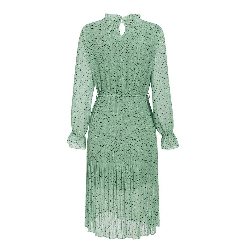 Simplee Bohemian dot print women dress in green with black dots, featuring an elegant sash and pleated design, perfect for autumn occasions.